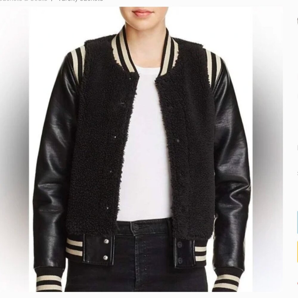 MOTHER The snap Letterman rib knit black sherpa jacket XS